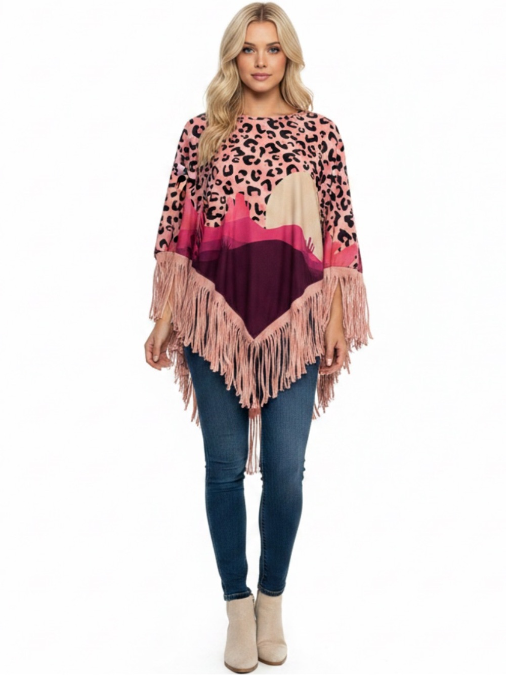 Boutique Western Desert Leopard Fringe Poncho Top Pink One Size